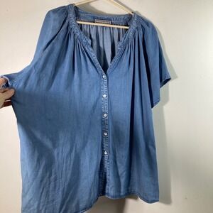 Womens Hester & Orchard‎ V Neck Chambray Button Shirt Blue 2X Tencel Flaw